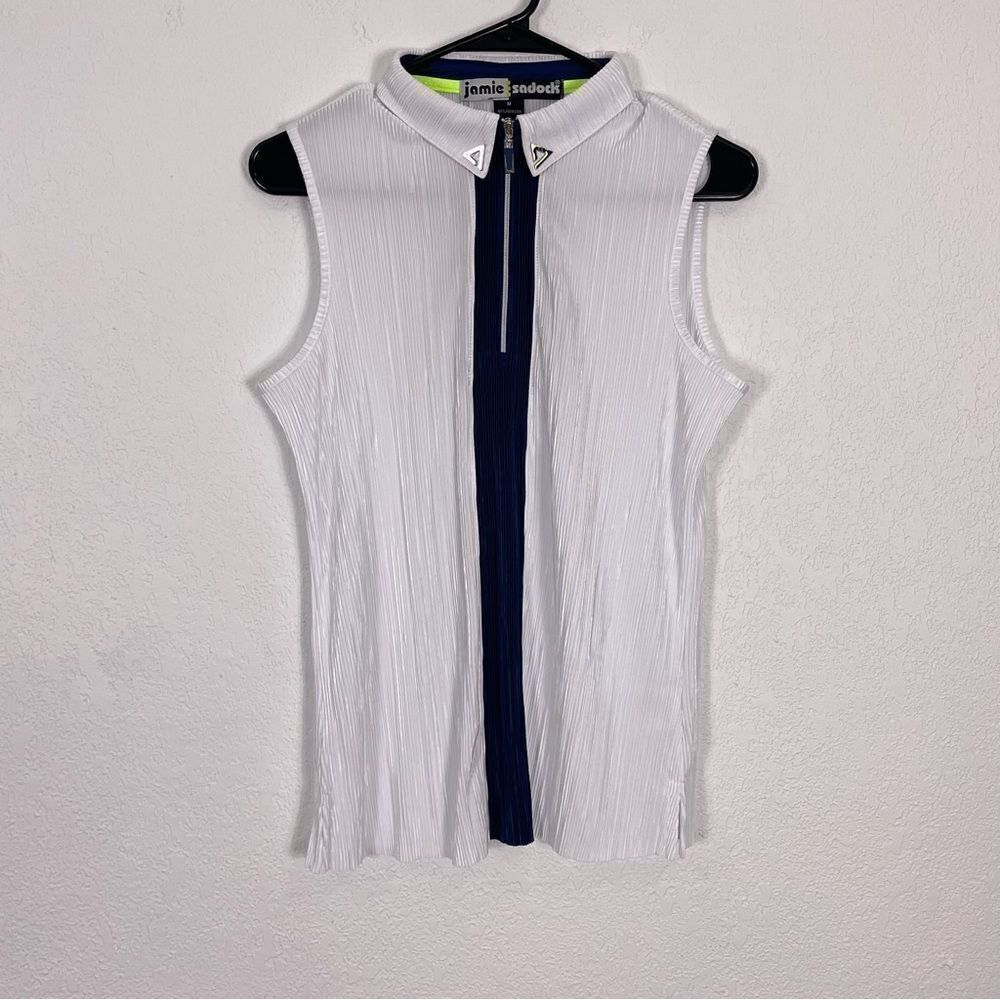 Jamie Sadock White with Navy Blue Stripe Down Front Quarter Zip Up Tank Top M